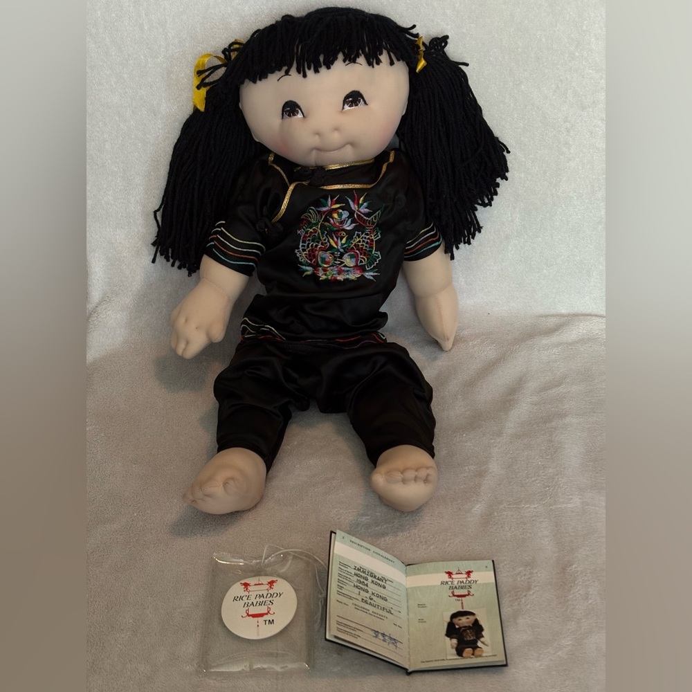 VTG Rice Paddy babies W/ passport 1984 Black Satin Embroidered Outfit 18”